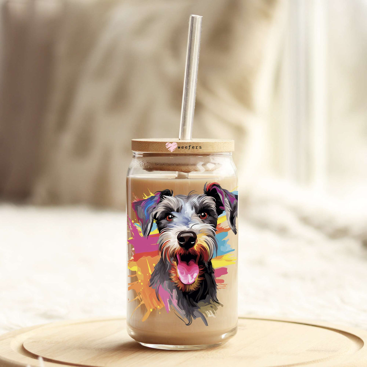 Miniature Schnauzer Colorful Watercolor 16oz Libbey Glass Can UV DTF or Sublimation Wrap - Decal Weefers
