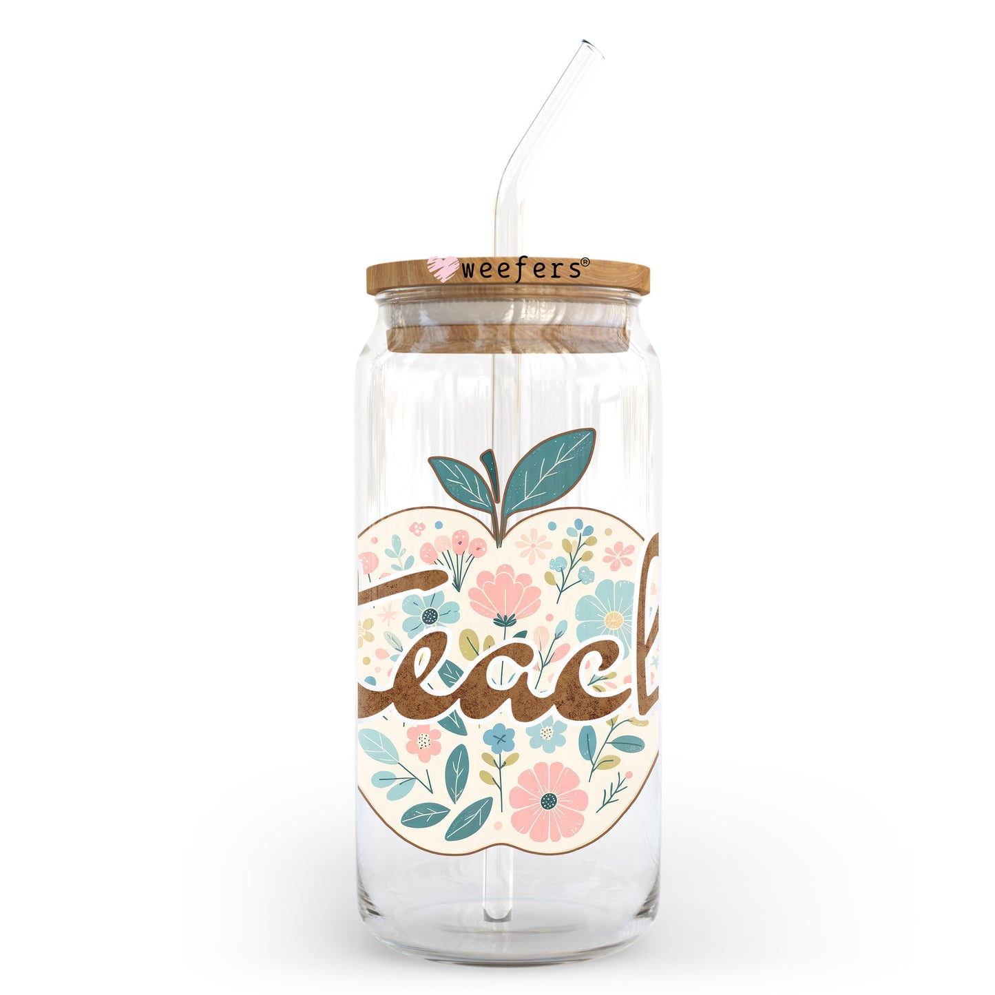 Teach Floral Apple 20oz Libbey Glass Can, 34oz Hip Sip, 40oz Tumbler, 24oz Cold Cup UV DTF or Sublimation Decal Transfer Weefers