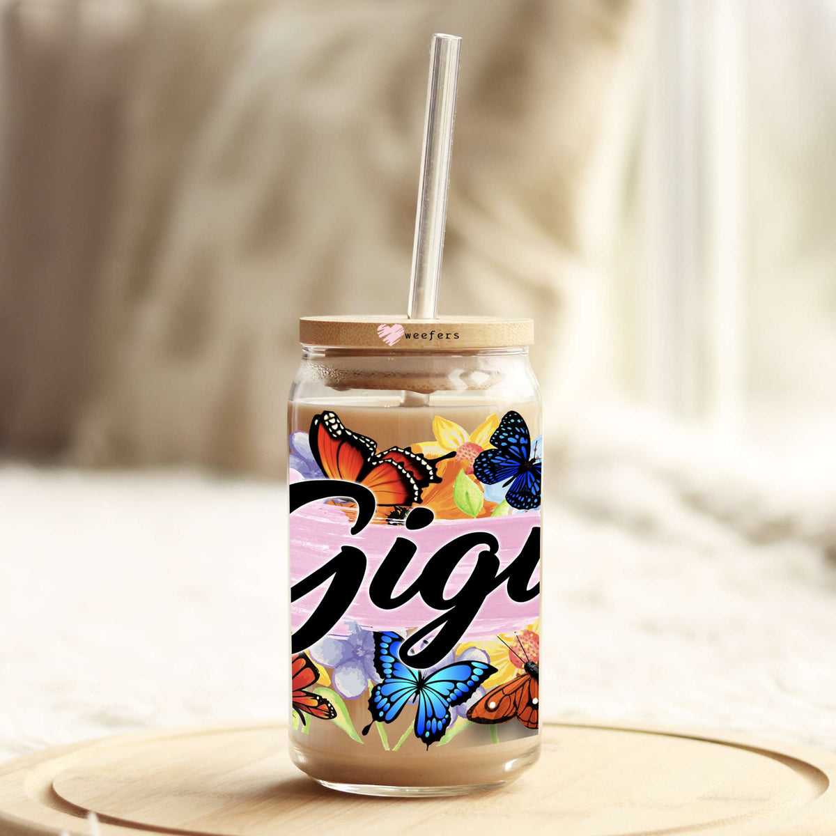 Gigi Colorful Butterflies 16oz Libbey Glass Can UV DTF or Sublimation Wrap Decal Transfer Weefers
