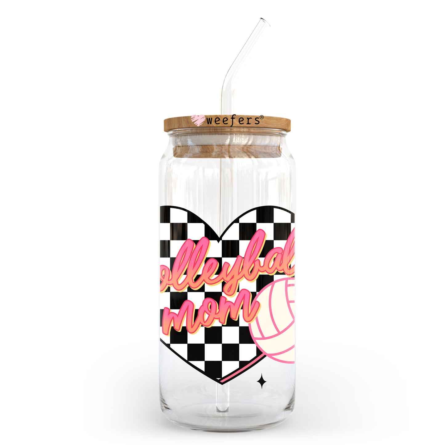 Volleyball Mom Heart Checkered 20oz Libbey Glass Can, 34oz Hip Sip, 40oz Tumbler, 24oz Cold Cup UV DTF or Sublimation Decal Transfer Weefers