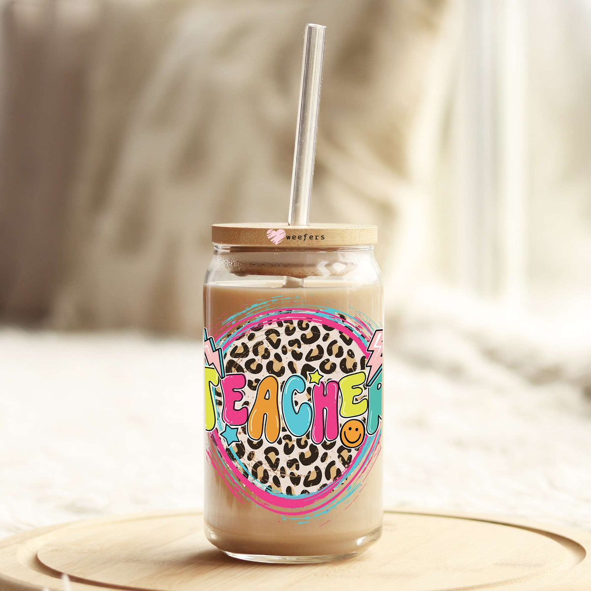 Teacher Colorful Cheetah 16oz Libbey Glass Can UV DTF or Sublimation Decal - Transfer Weefers