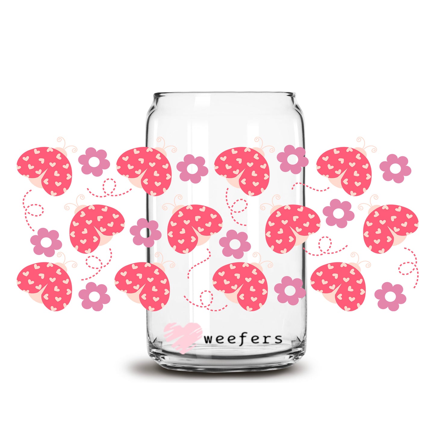 Pink Heart Lady Bugs Flowers 16oz Libbey Glass Can UV DTF or Sublimation Wrap Decal Transfer Weefers