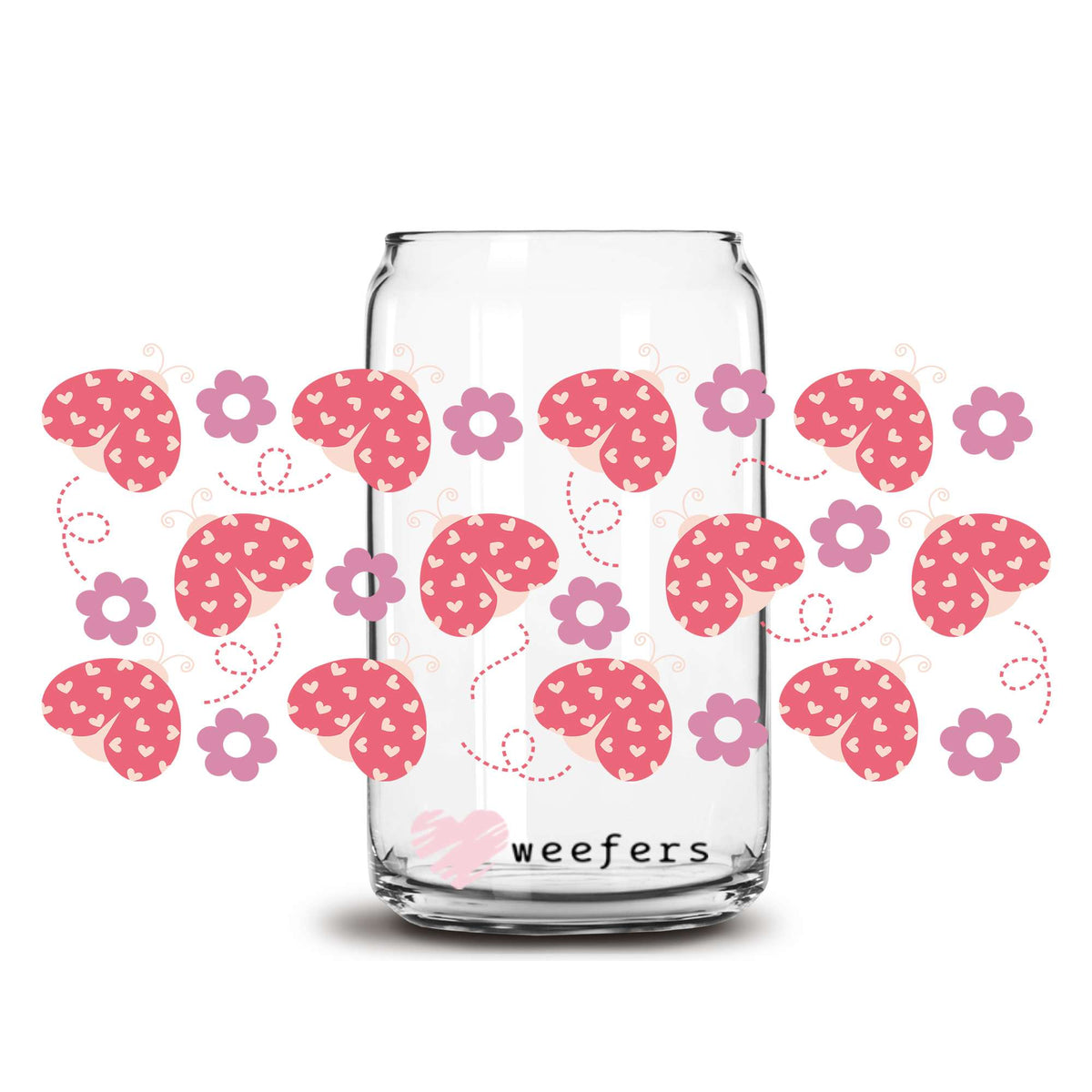 Pink Heart Lady Bugs Flowers 16oz Libbey Glass Can UV DTF or Sublimation Wrap Decal Transfer Weefers