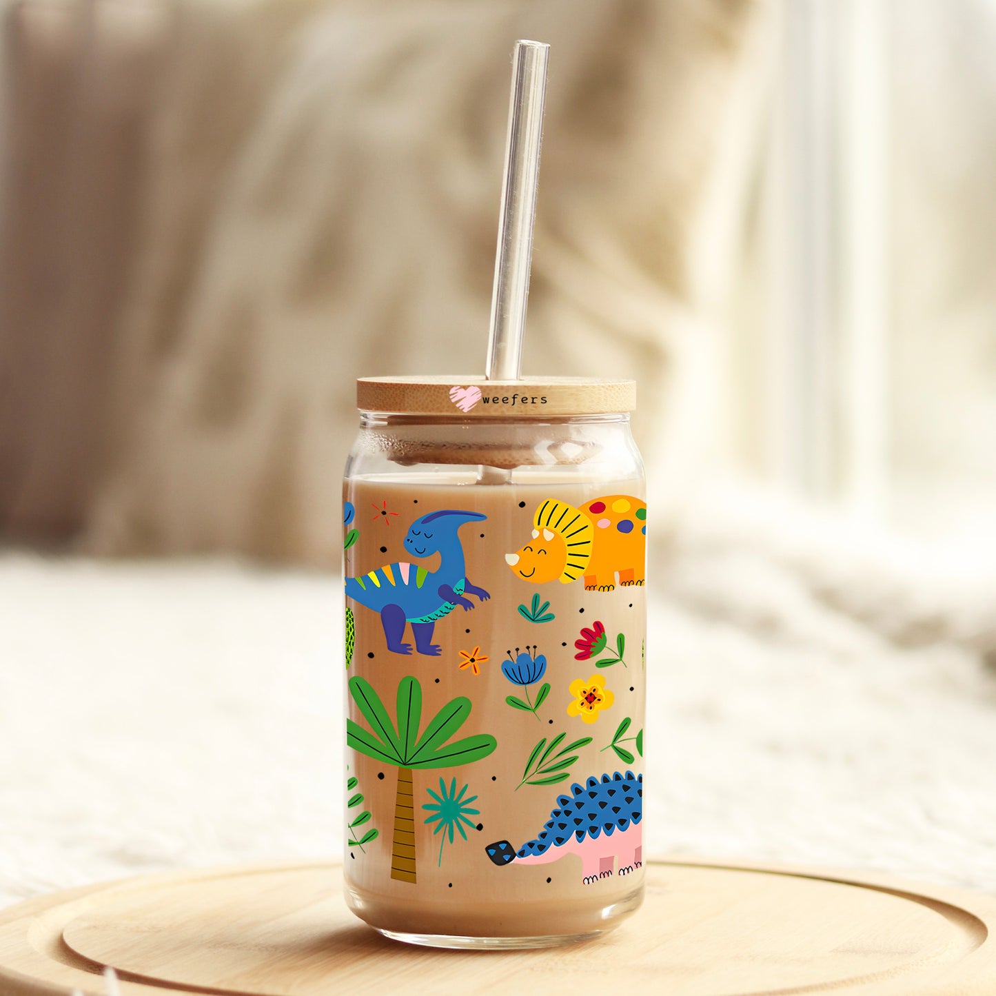 Playful Dinosaurs 16oz Libbey Glass Can UV DTF or Sublimation Wrap - Transfer Weefers