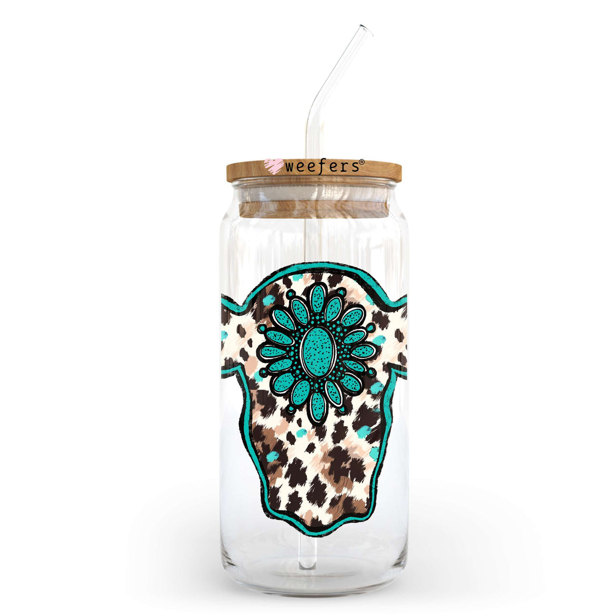 Cow Head Turquoise 20oz Libbey Glass Can, 34oz Hip Sip, 40oz Tumbler, 24oz Cold Cup UV DTF or Sublimation Decal Transfer Weefers