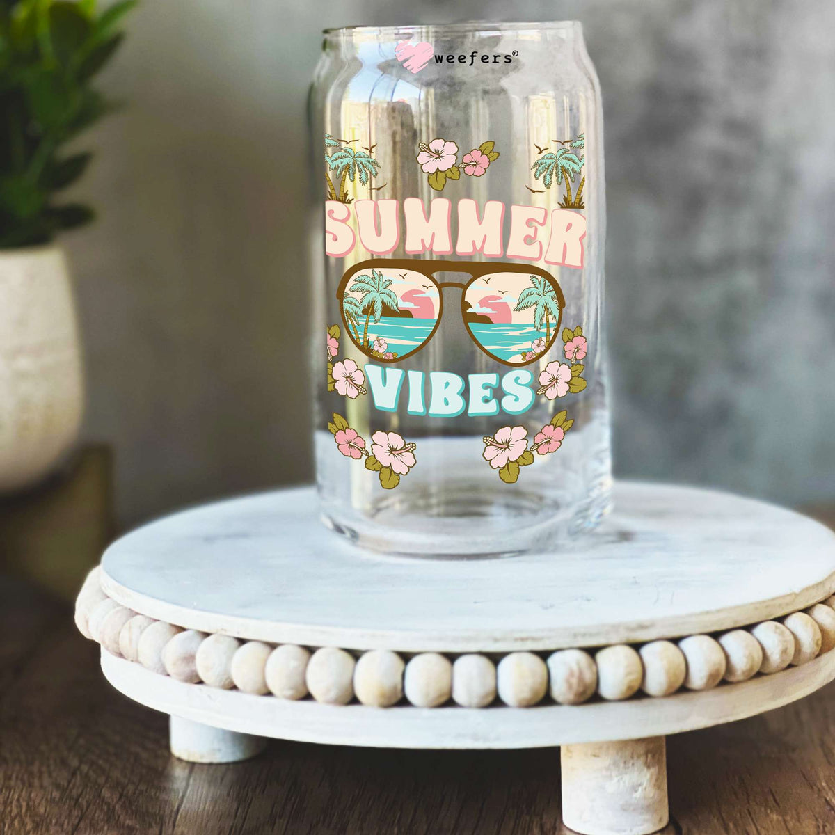 Summer Vibes Surfboards and Sunglasses 16oz Libbey Glass Can UV DTF or Sublimation Wrap Transfer Weefers