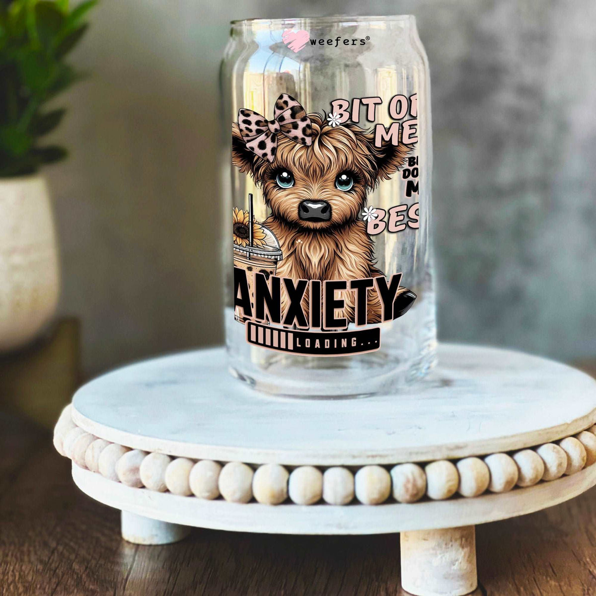 A Bit of a Mess But Doing My Best Pink Highland Cow 16oz Libbey Glass Can UV DTF or Sublimation Decal Transfer Weefers
