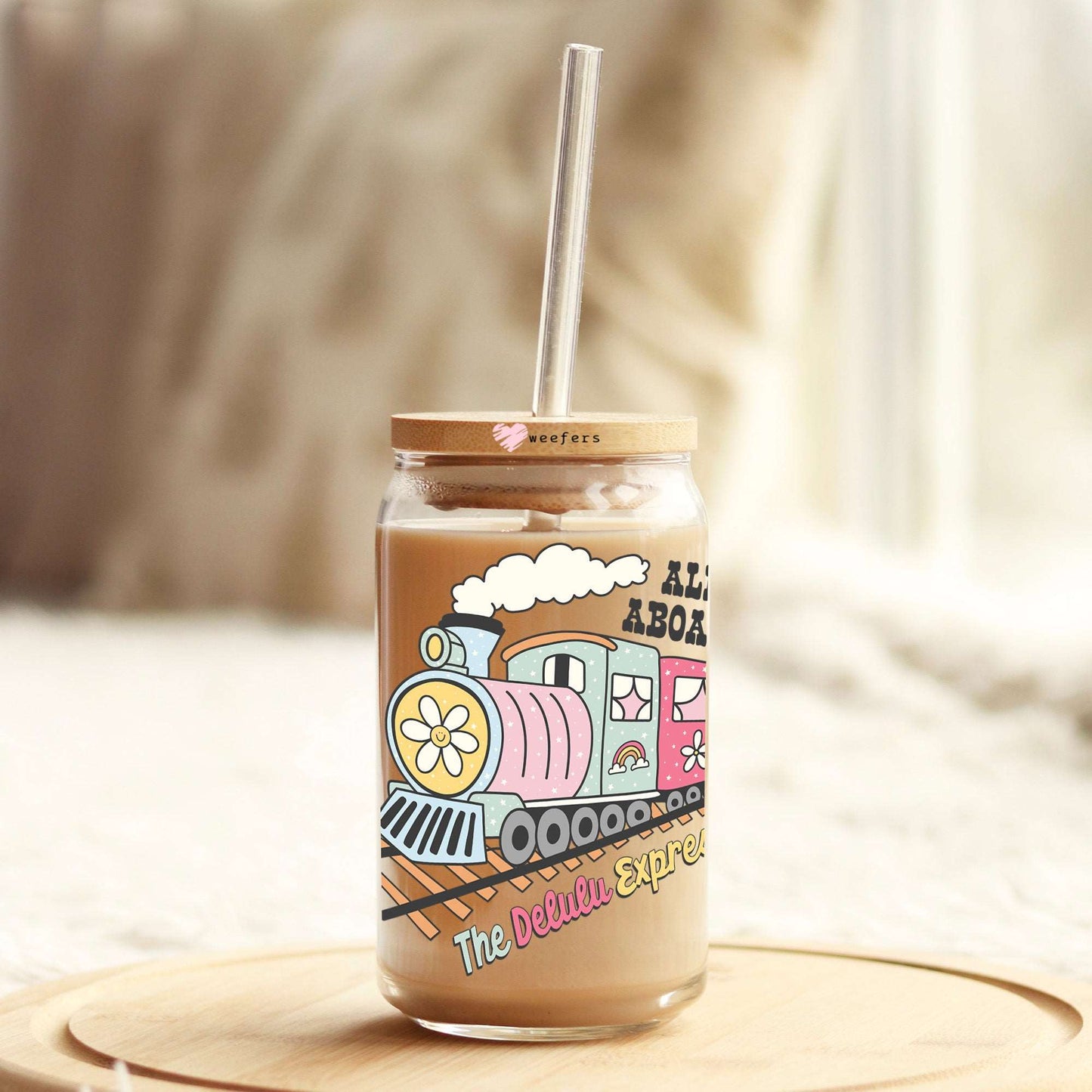 All Aboard the Delulu Express 16oz Libbey Glass Can UV DTF or Sublimation Cup Wrap - Decal Transfers Weefers