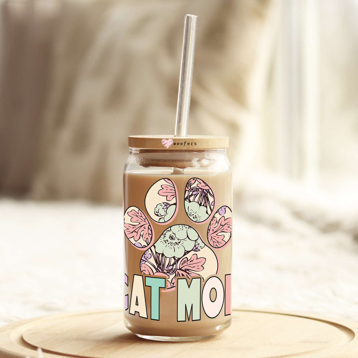 Cat Mom Paw Floral 16oz Libbey Glass Can UV DTF or Sublimation Wrap - Decal Transfer Weefers