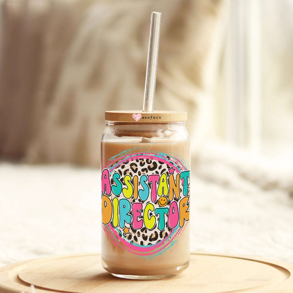 Assistant Director Pink Cheetah 16oz Libbey Glass Can UV DTF or Sublimation Cup Wrap - Decal Transfer Weefers