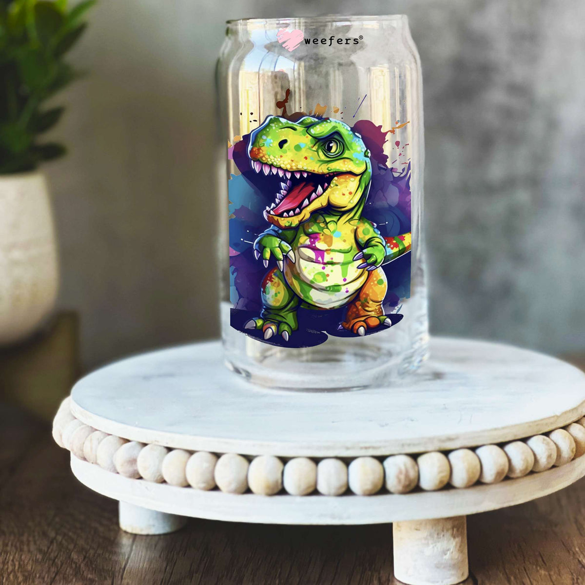 Colorful Dinosaur 16oz Libbey Glass Can UV DTF or Sublimation Wrap Decal Transfer Weefers