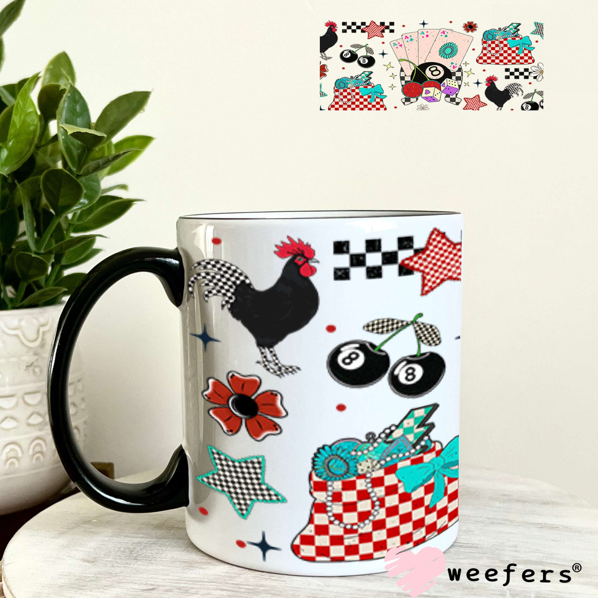 Aces Eight Balls and Roosters UV DTF Cup Wrap - Weefers Exclusive Wrap 11oz Coffee Mug Weefers