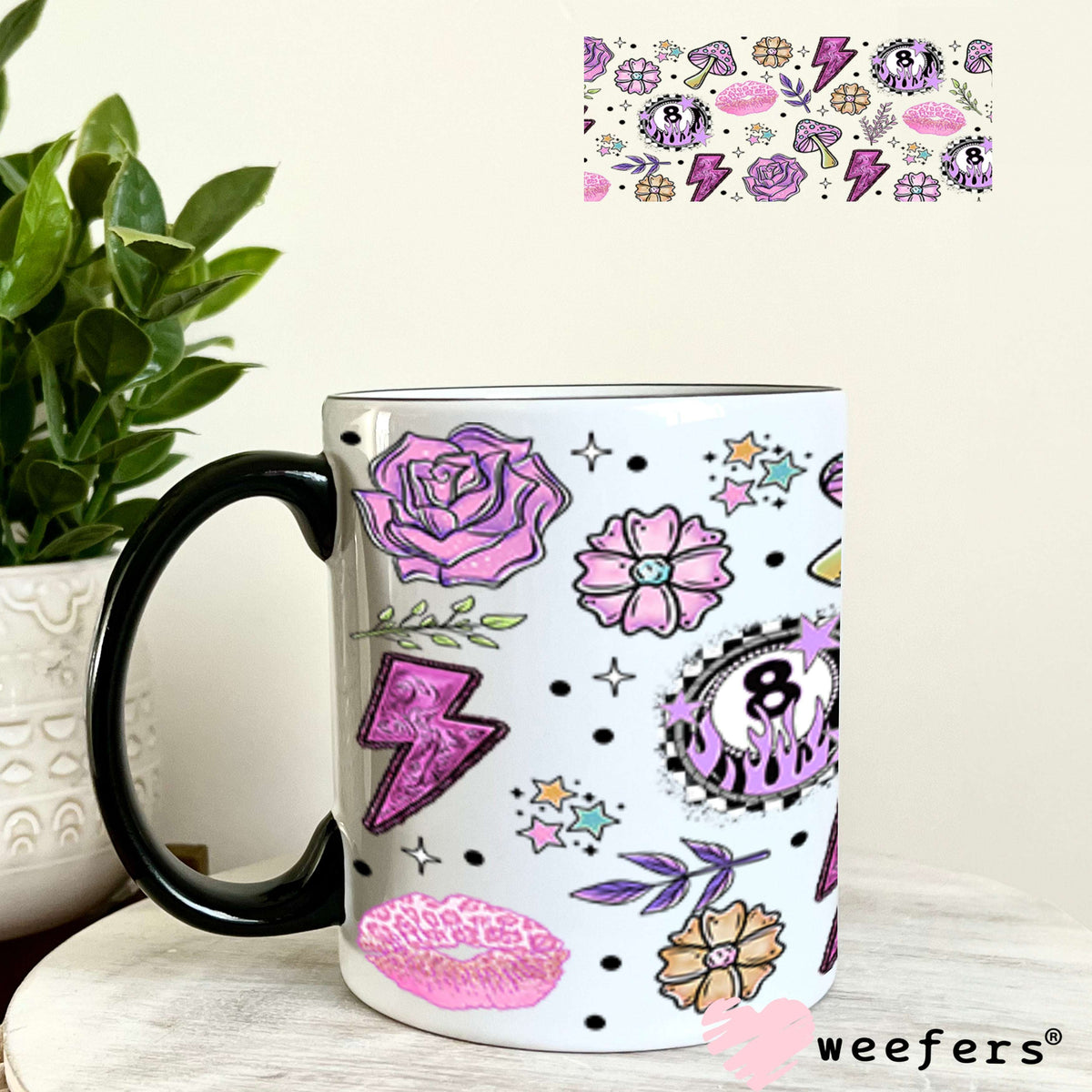 Purple Eight Ball Lightening Bolts and Roses UV DTF Cup Wrap - Weefers Exclusive Wrap 11oz Coffee Mug Weefers