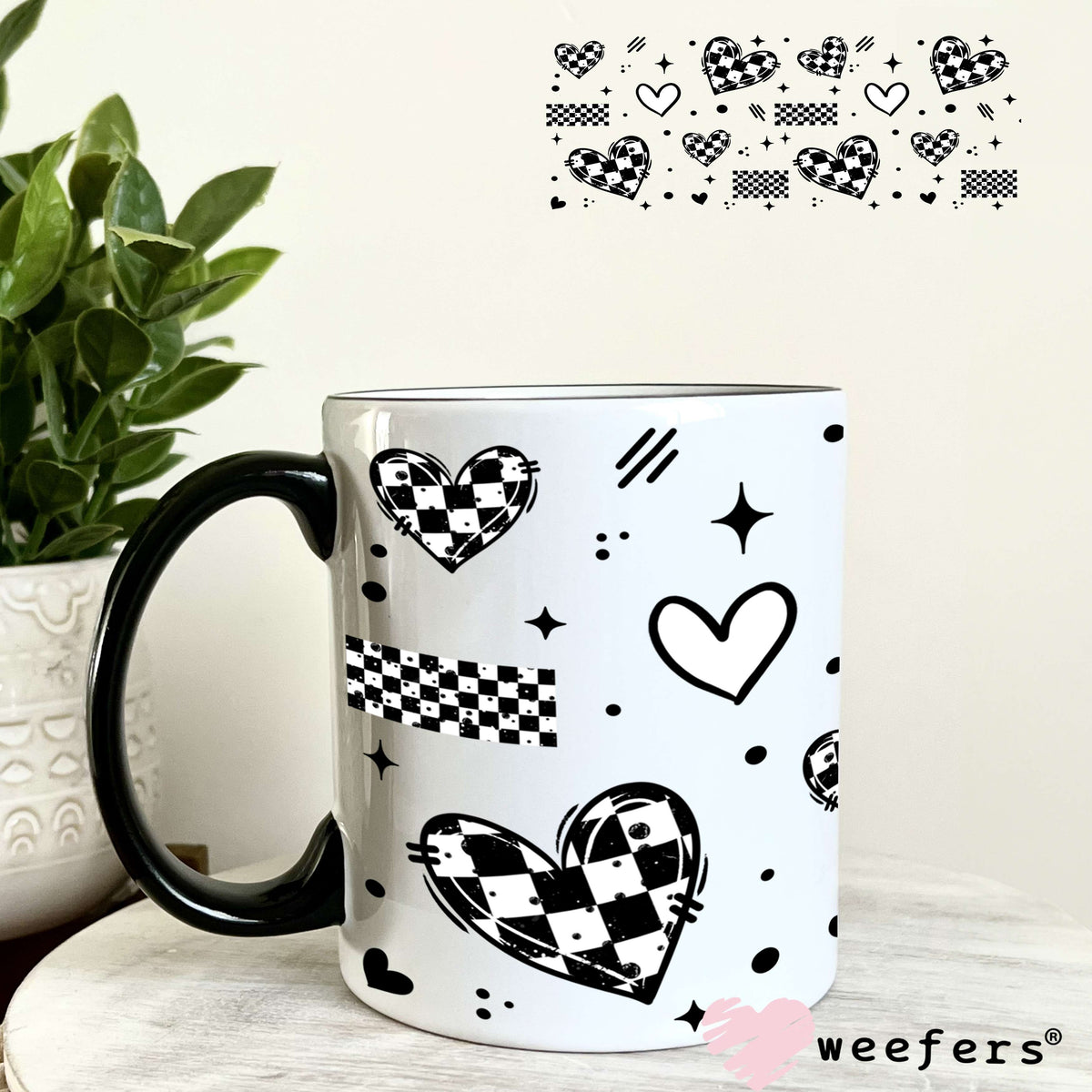 Black and White Checkered Hearts Black UV DTF Cup Wrap 11oz Coffee Mug Weefers