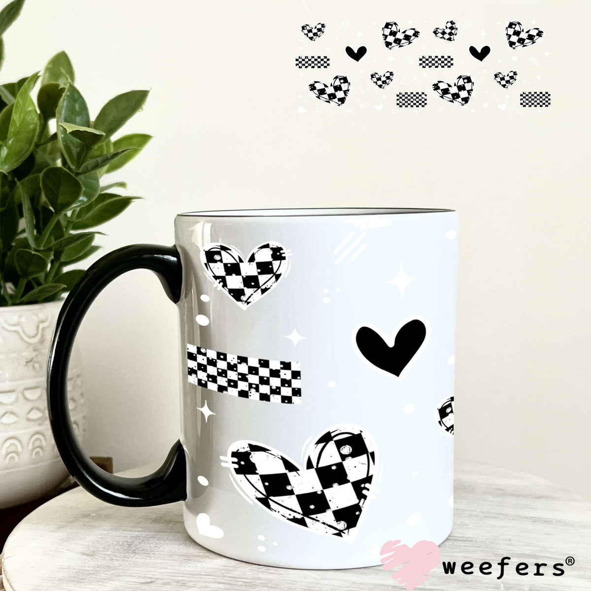 Black and White Checkered Hearts White UV DTF Cup Wrap 11oz Coffee Mug Weefers