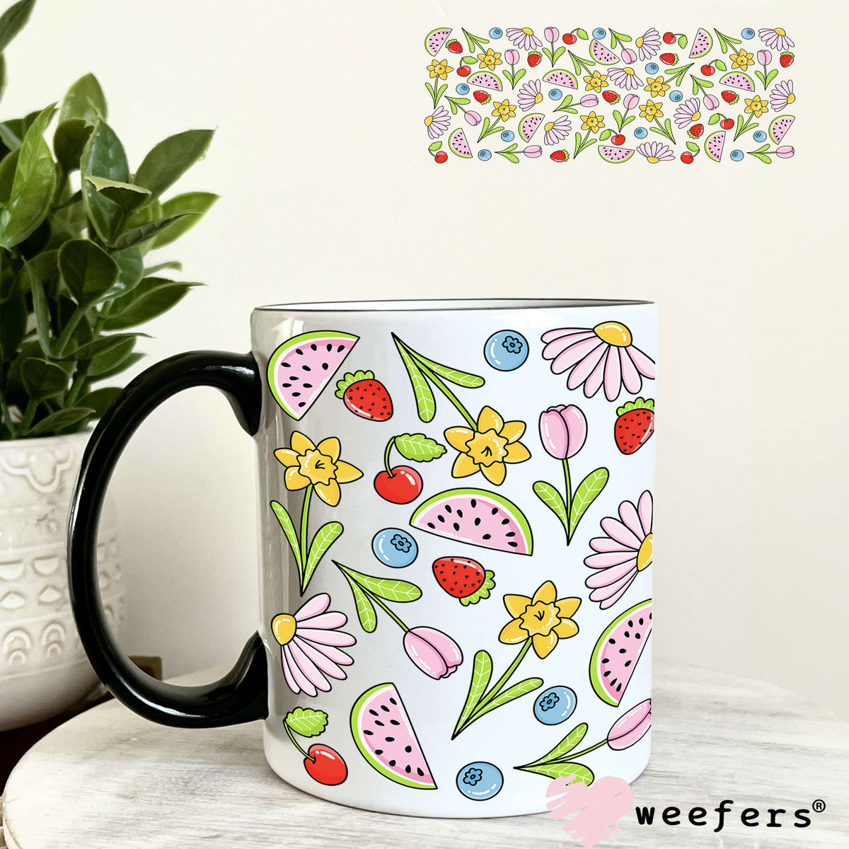 Fruit Vibes Watermelon Flowers UV DTF Cup Wrap 11oz Coffee Mug Weefers