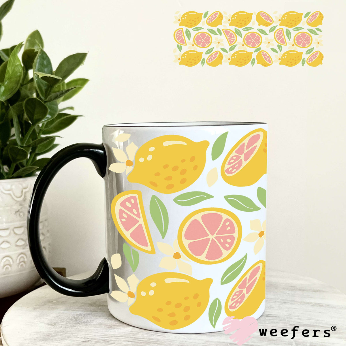 Pink and Yellow Lemons UV DTF Cup Wrap 11oz Coffee Mug Weefers