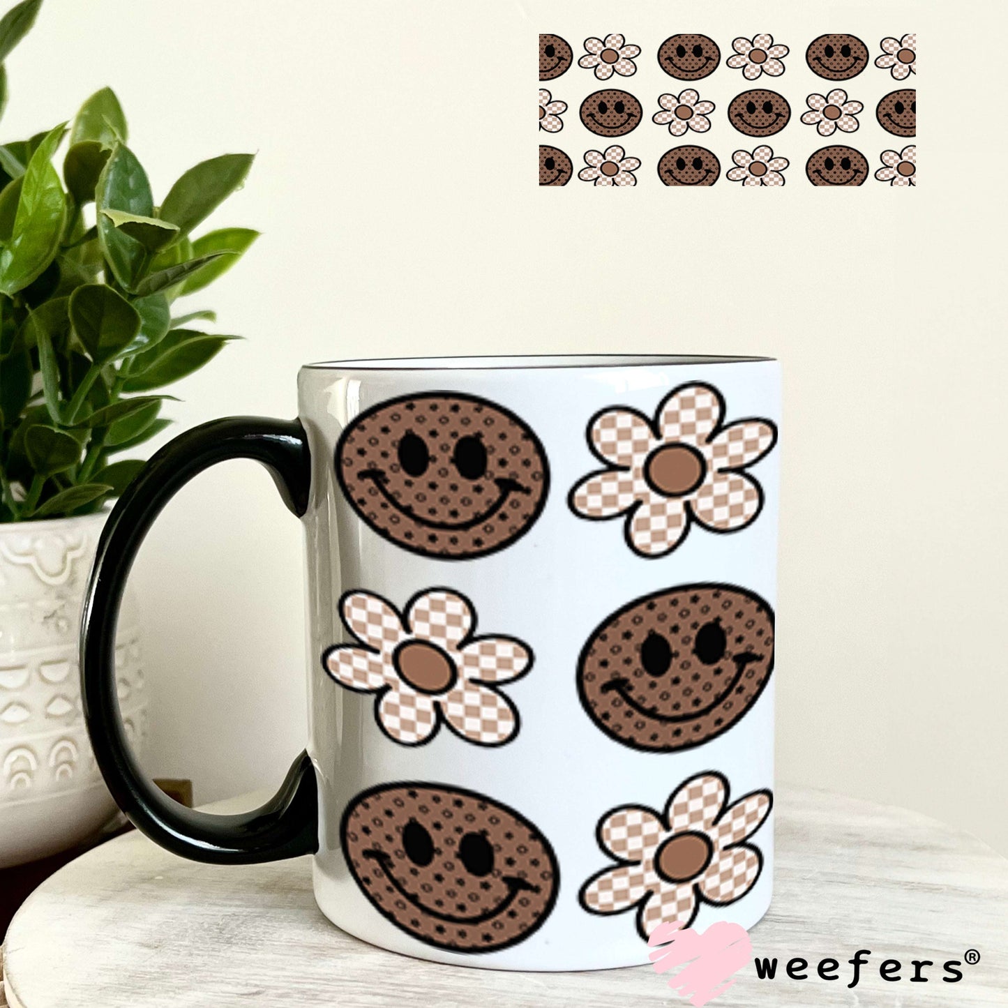 Brown Smile Faces Neutral Flowers UV DTF Cup Wrap - Weefers Exclusive Wrap Weefers