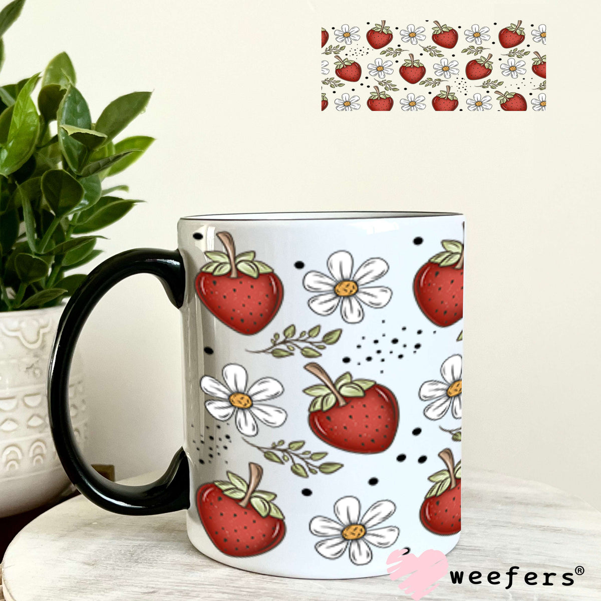 Strawberries and White Flowers UV DTF Cup Wrap - Weefers Exclusive Wrap 11oz Coffee Mug Cup Wrap Weefers