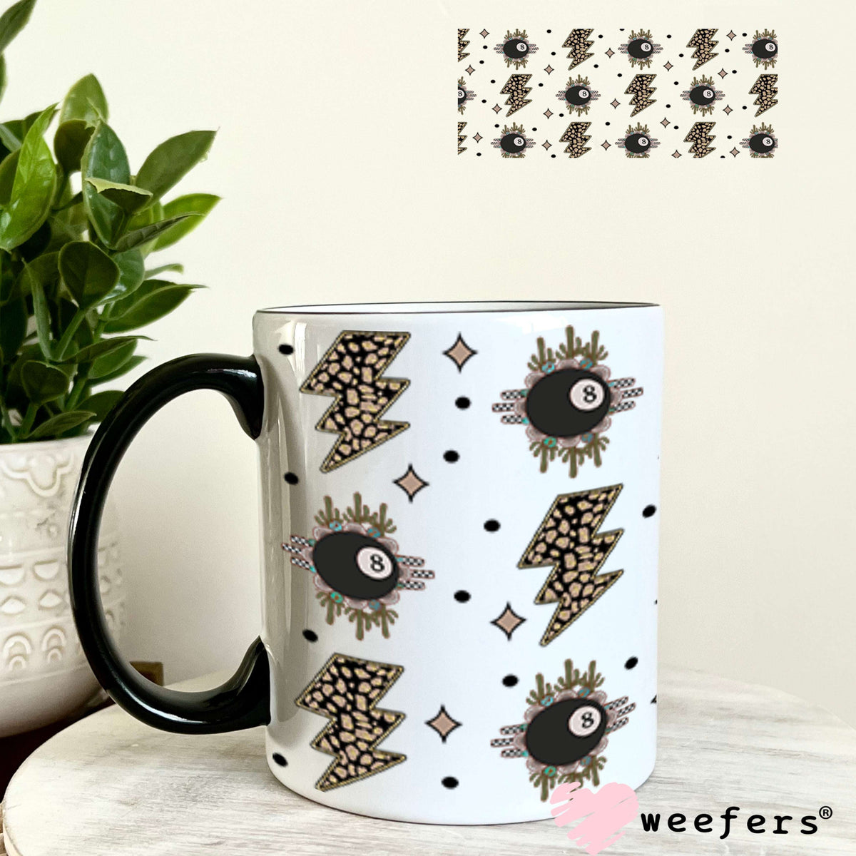 Black Eightball Leopard Print Lightening Bolt UV DTF Cup Wrap - Weefers Exclusive Wrap 11oz Coffee Mug Cup Wrap Weefers