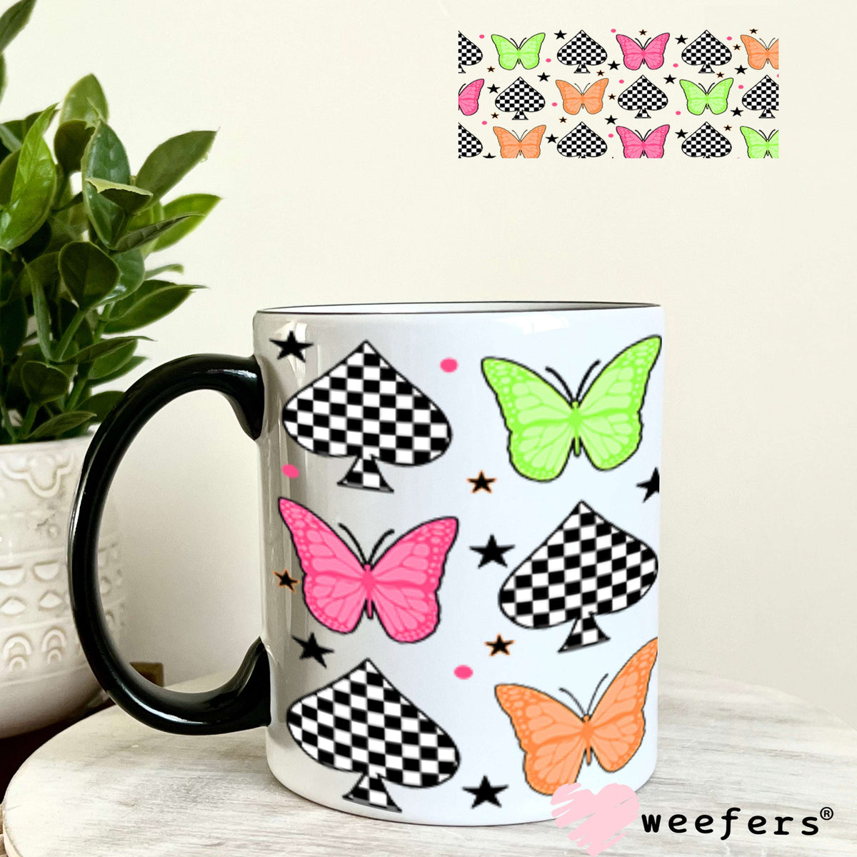 Green Pink and Orange Butterflies UV DTF Cup Wrap - Weefers Exclusive Wrap 11oz Coffee Mug Cup Wrap Weefers