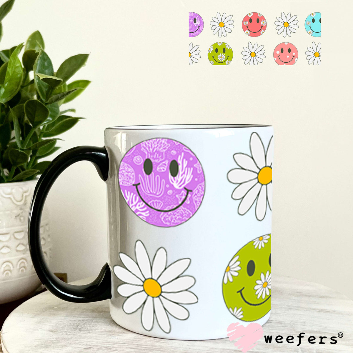 Happy Faces White Flowers UV DTF Cup Wrap - Weefers Exclusive Wrap 11oz Coffee Mug Cup Wrap Weefers