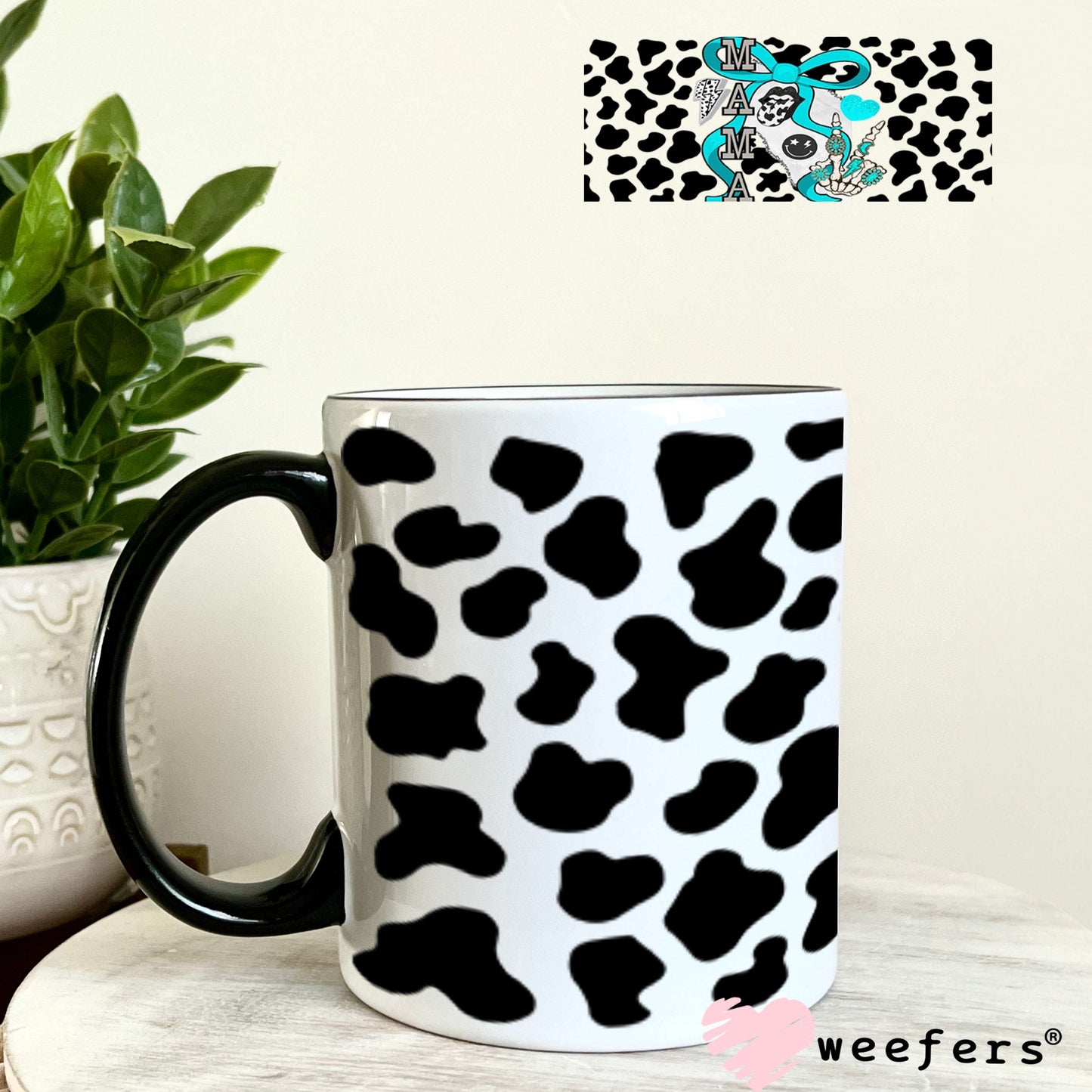 Mama Blue Bow Black Cow Print UV DTF Cup Wrap - Weefers Exclusive Wrap Weefers