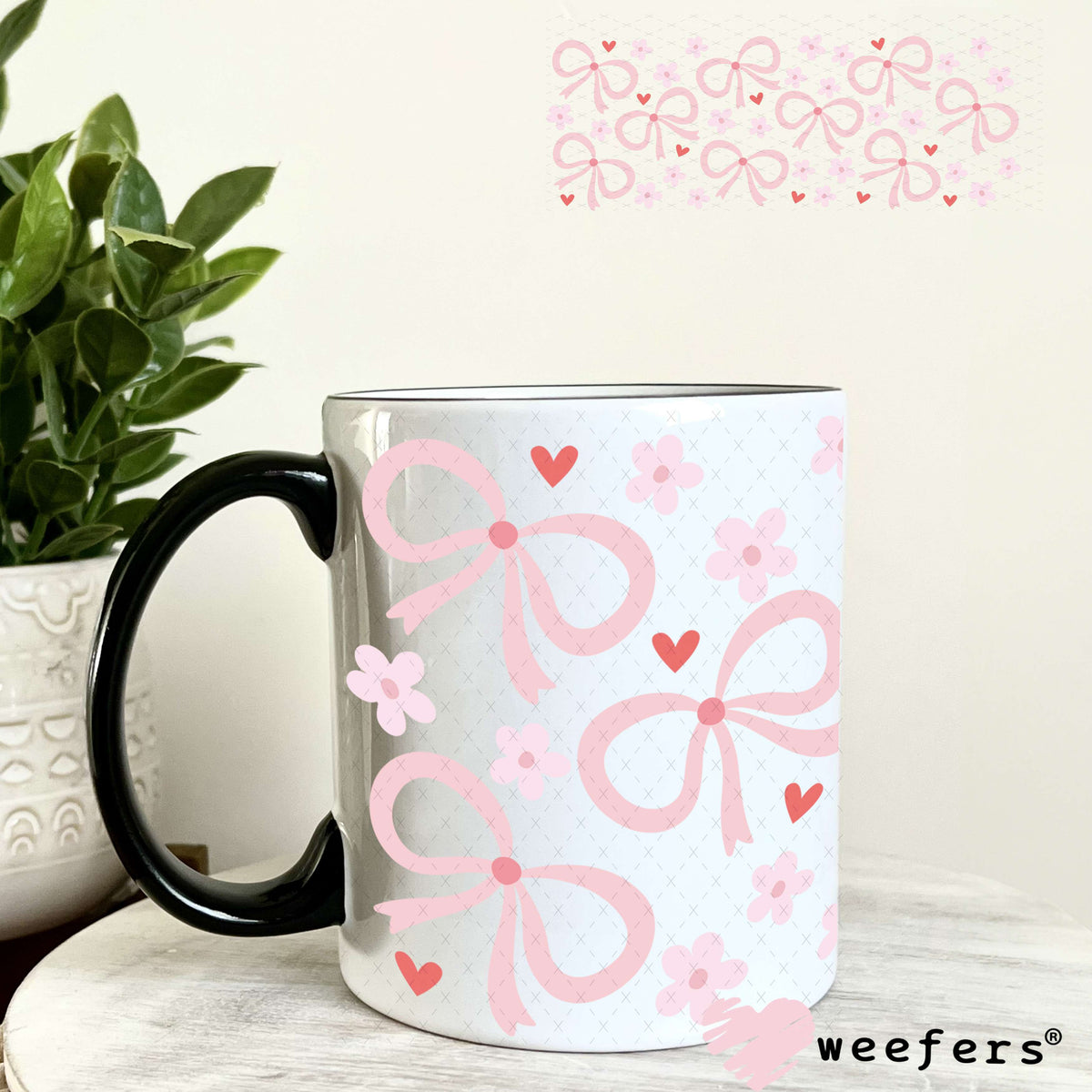 Pink Bows and Light Pink Flowers UV DTF Cup Wrap 11oz Coffee Mug Weefers