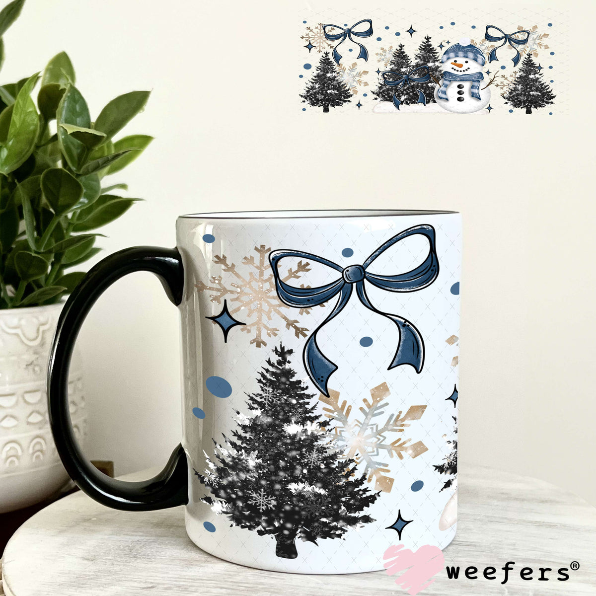 Blue Bow Snowman Christmas UV DTF Cup Wrap 11oz Coffee Mug Weefers