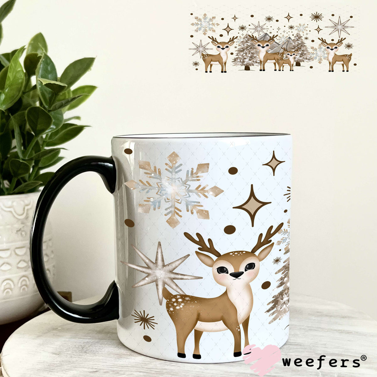 Brown Reindeer Christmas UV DTF Cup Wrap 11oz Coffee Mug Weefers