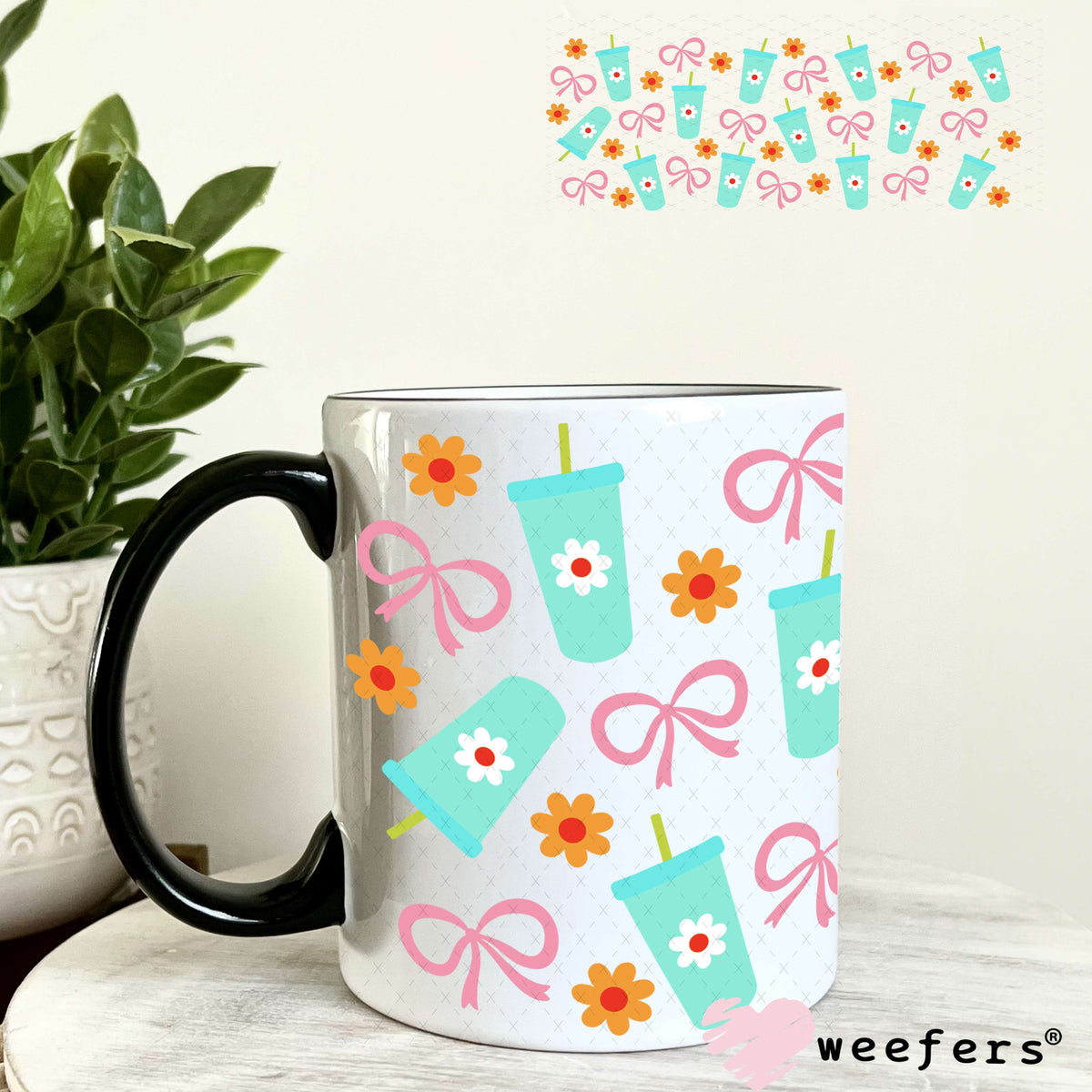 Teal cups and Pink Bows UV DTF Cup Wrap 11oz Coffee Mug Weefers