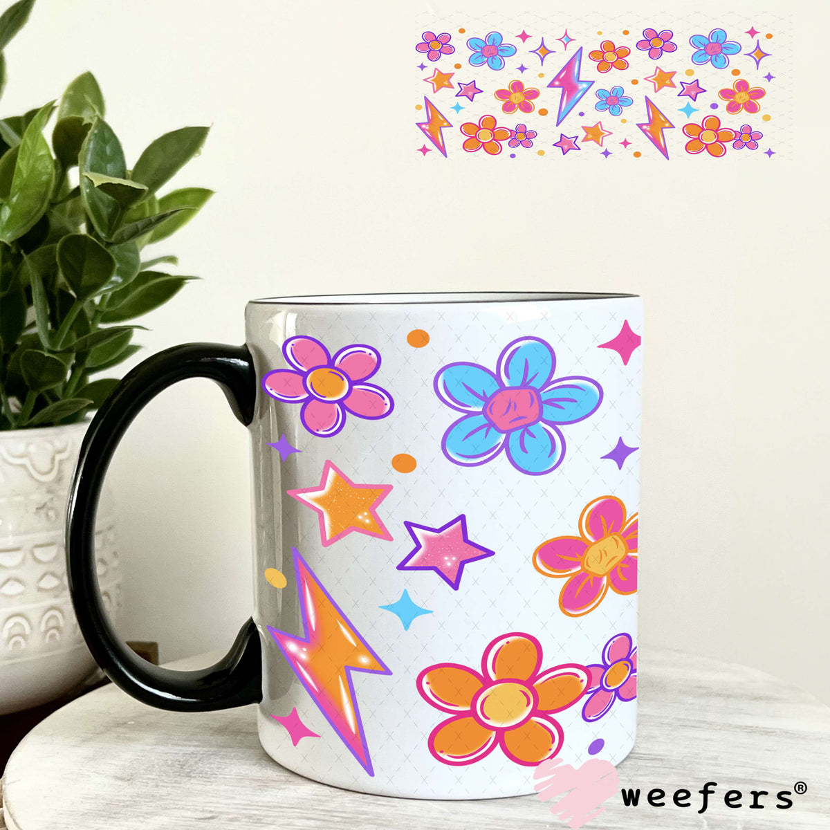 Blue Orange Flowers and Lightening Bolt UV DTF Cup Wrap 11oz Coffee Mug Weefers