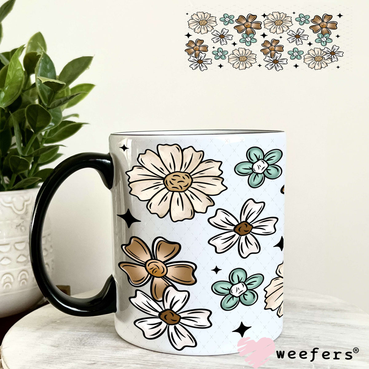 Brown, Teal and Tan Flowers UV DTF Cup Wrap 11oz Coffee Mug Weefers