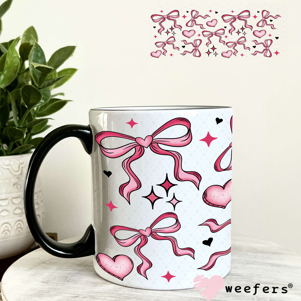 Pink Bows and Hearts UV DTF Cup Wrap 11oz Coffee Mug Weefers