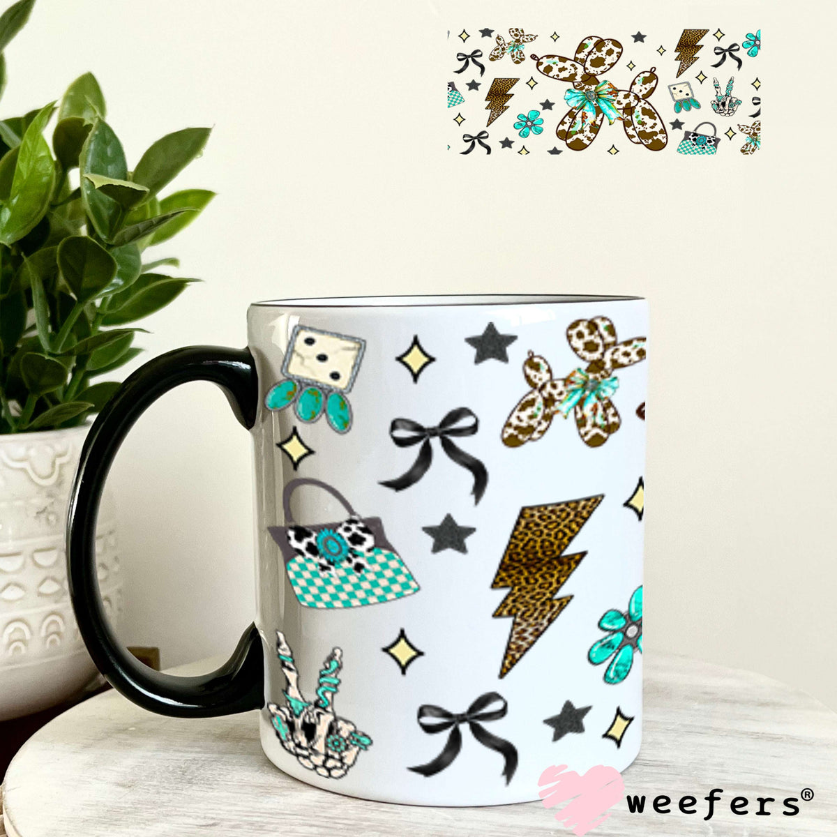 Brown Cow Print Balloon Dog Teal Bow UV DTF Cup Wrap - Weefers Exclusive 11oz Coffee Mug Cup Wrap Weefers