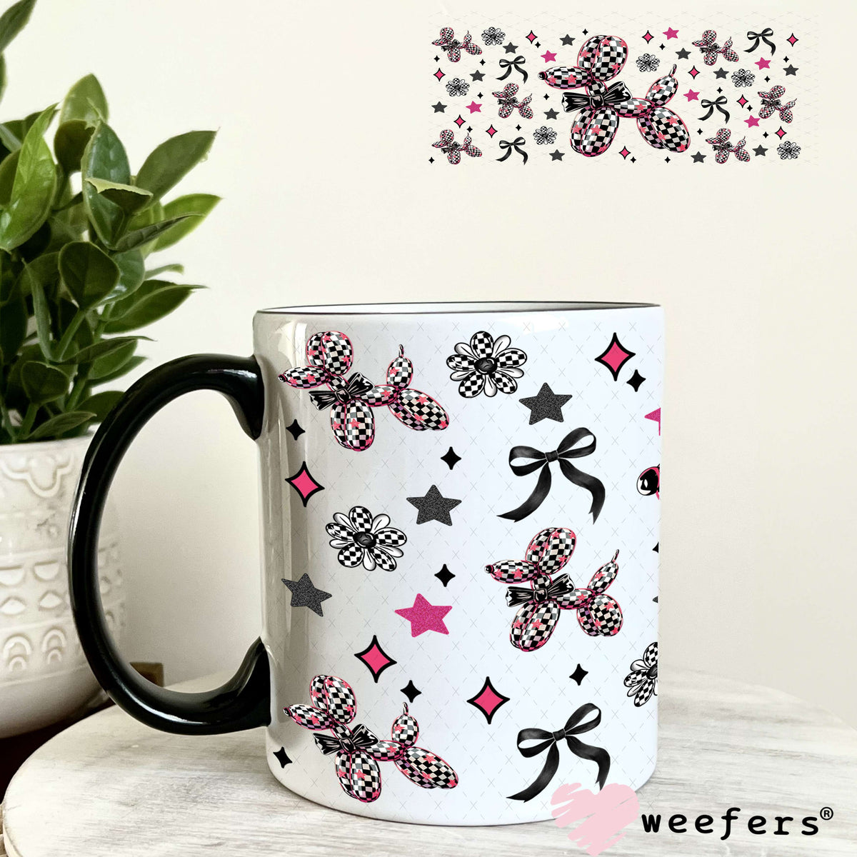Black and White Checkered Pink Balloon Dog Teal Bow UV DTF Cup Wrap - Weefers® Exclusive 11oz Coffee Mug Weefers