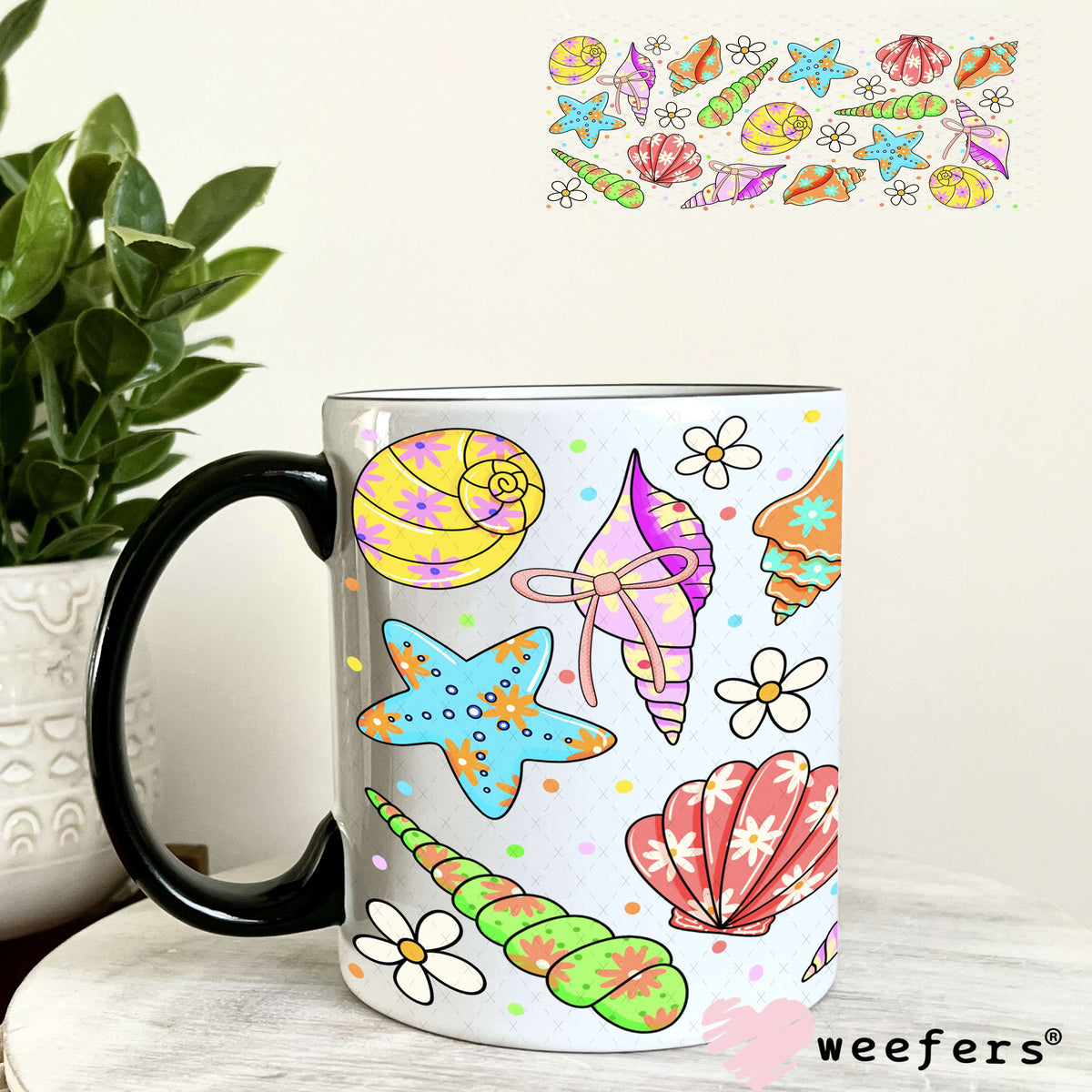 Purple and Green Seashells UV DTF Cup Wrap 11oz Coffee Mug Weefers