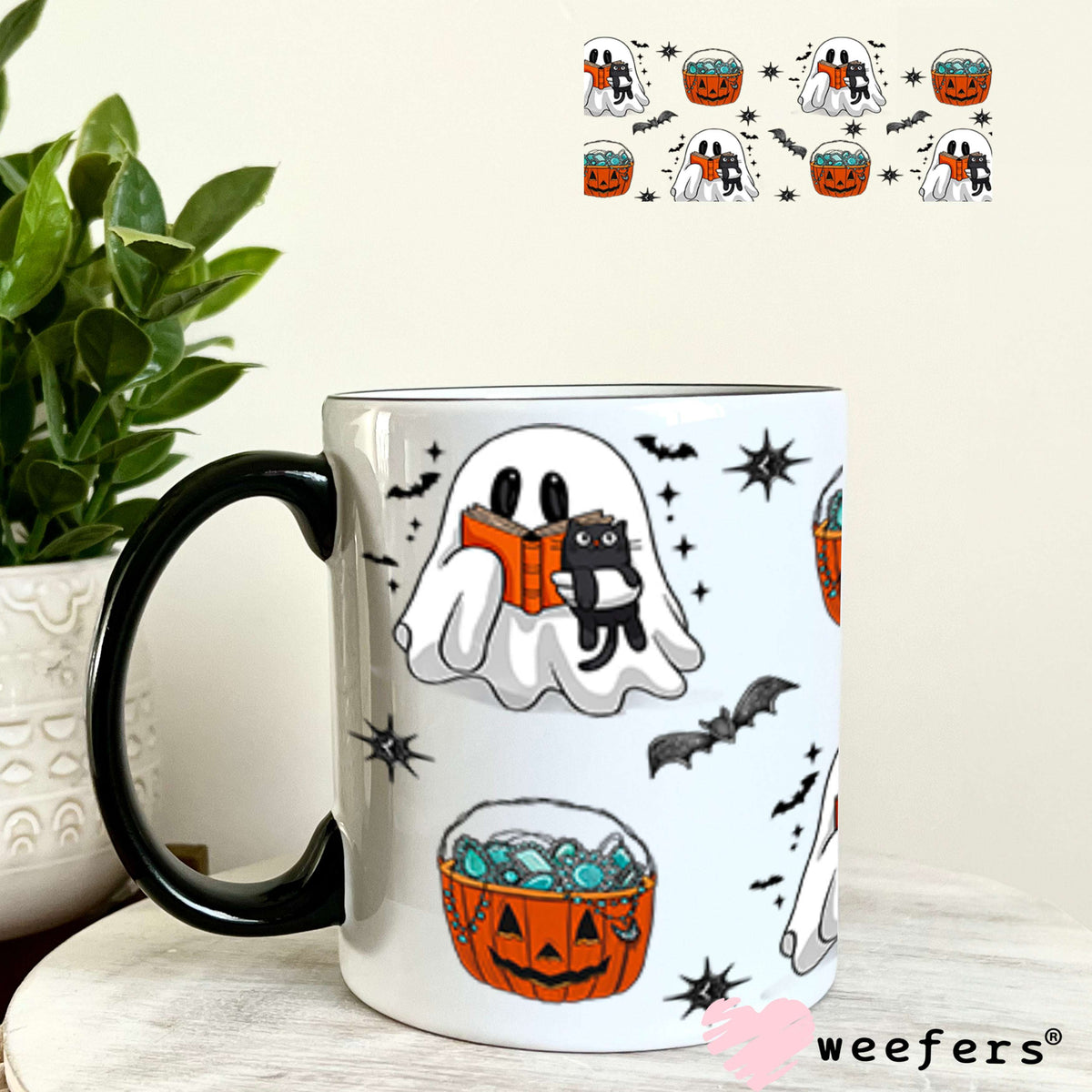 Ghost Books Cats Halloween UV DTF Cup Wrap - Weefers Exclusive Wrap 11oz Coffee Mug Cup Wrap Weefers