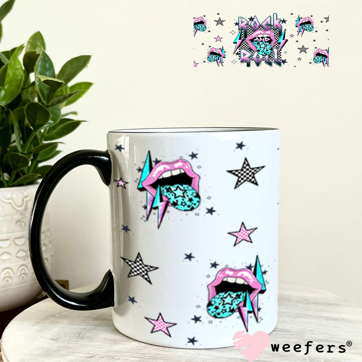 Rock And Roll Purple Teal Lips UV DTF Cup Wrap - Weefers Exclusive Wrap 11oz Coffee Mug Cup Wrap Weefers