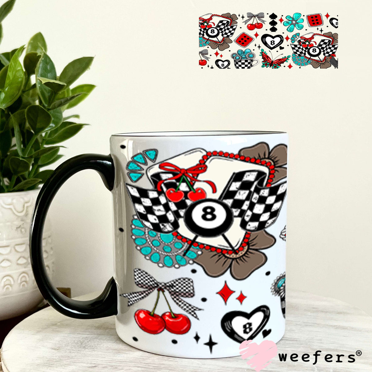 Race Day Heart Eightball Red Black UV DTF Cup Wrap - Weefers Exclusive Wrap 11oz Coffee Mug Cup Wrap Weefers