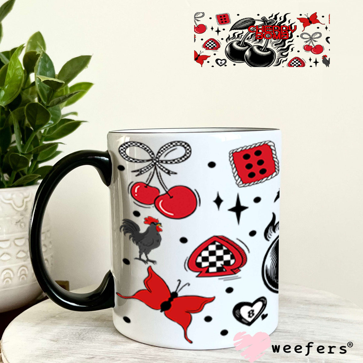 Cherry Bomb Black and Red UV DTF Cup Wrap - Weefers® Exclusive 11oz Coffee Mug Cup Wrap Weefers