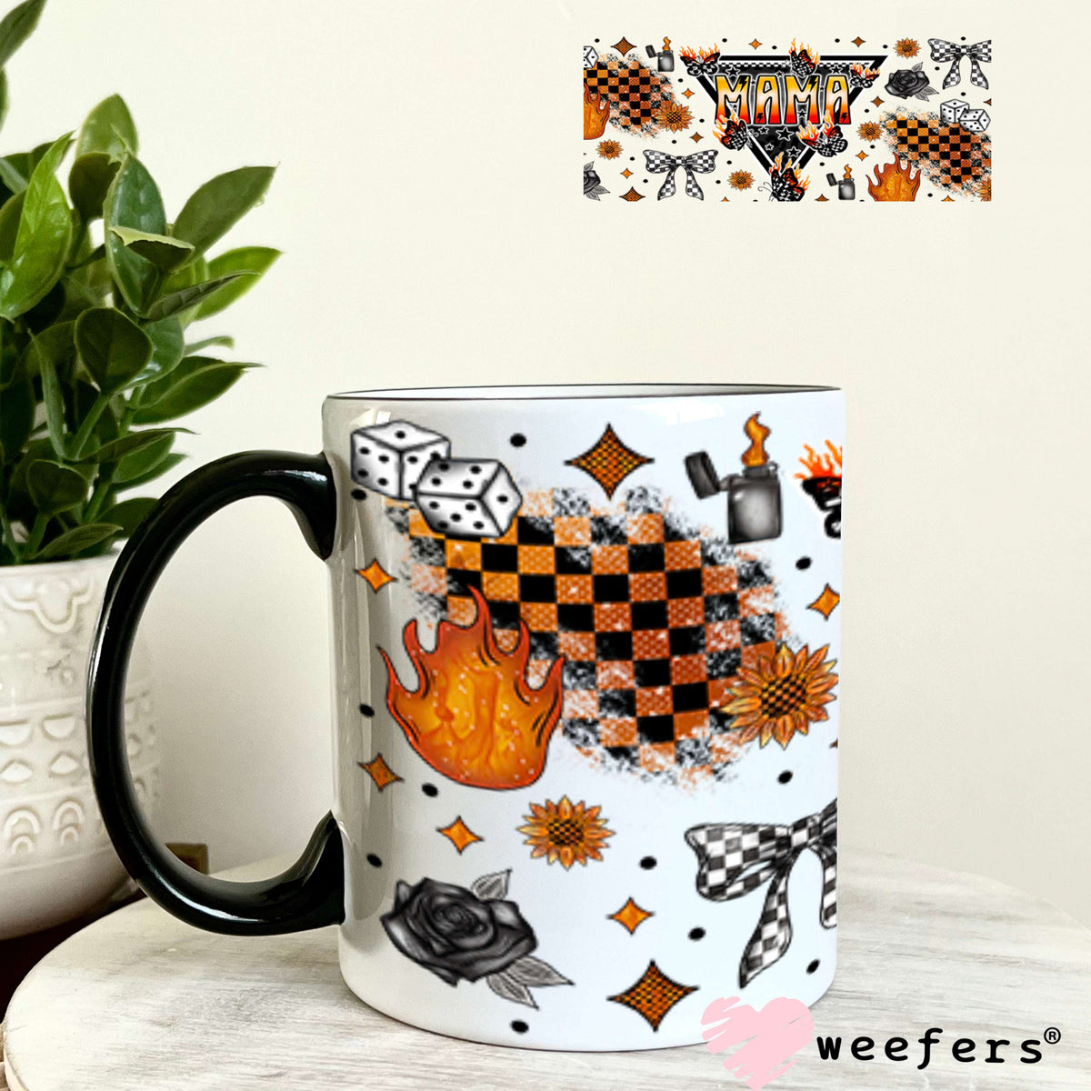 Mama Flames Checkered UV DTF Cup Wrap - Weefers® Exclusive 11oz Coffee Mug Cup Wrap Weefers