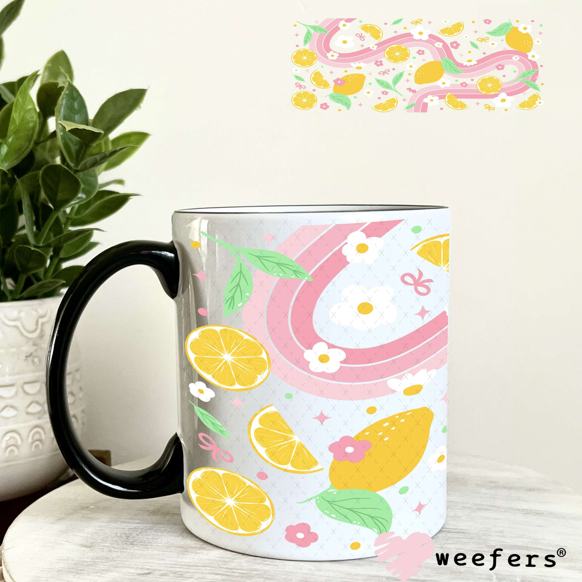 Lemon Pink Abstract Wave UV DTF Cup Wrap 11oz Coffee Mug Weefers