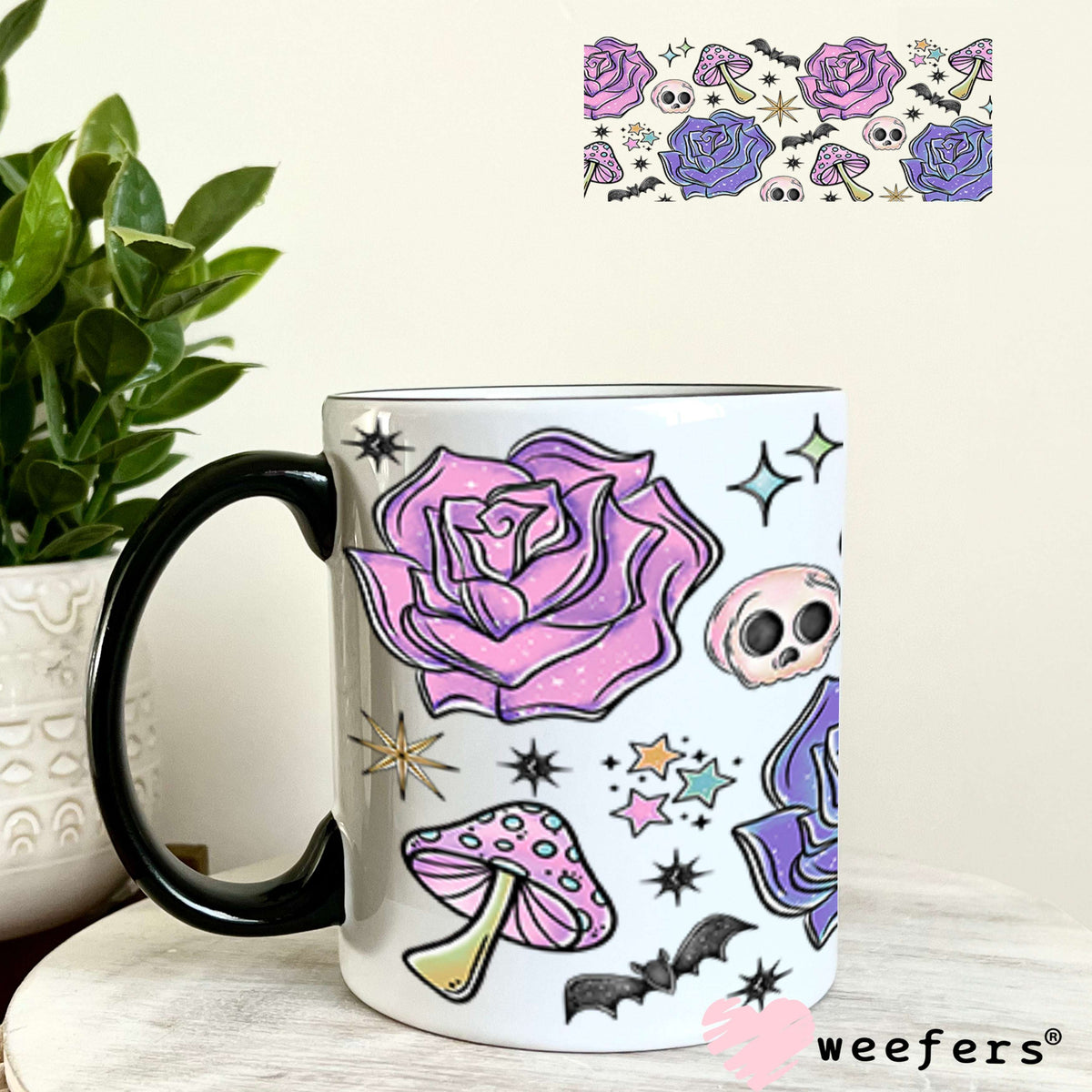 Purple Flowers Bats Skulls UV DTF Cup Wrap - Weefers Exclusive 11oz Coffee Mug Cup Wrap Weefers