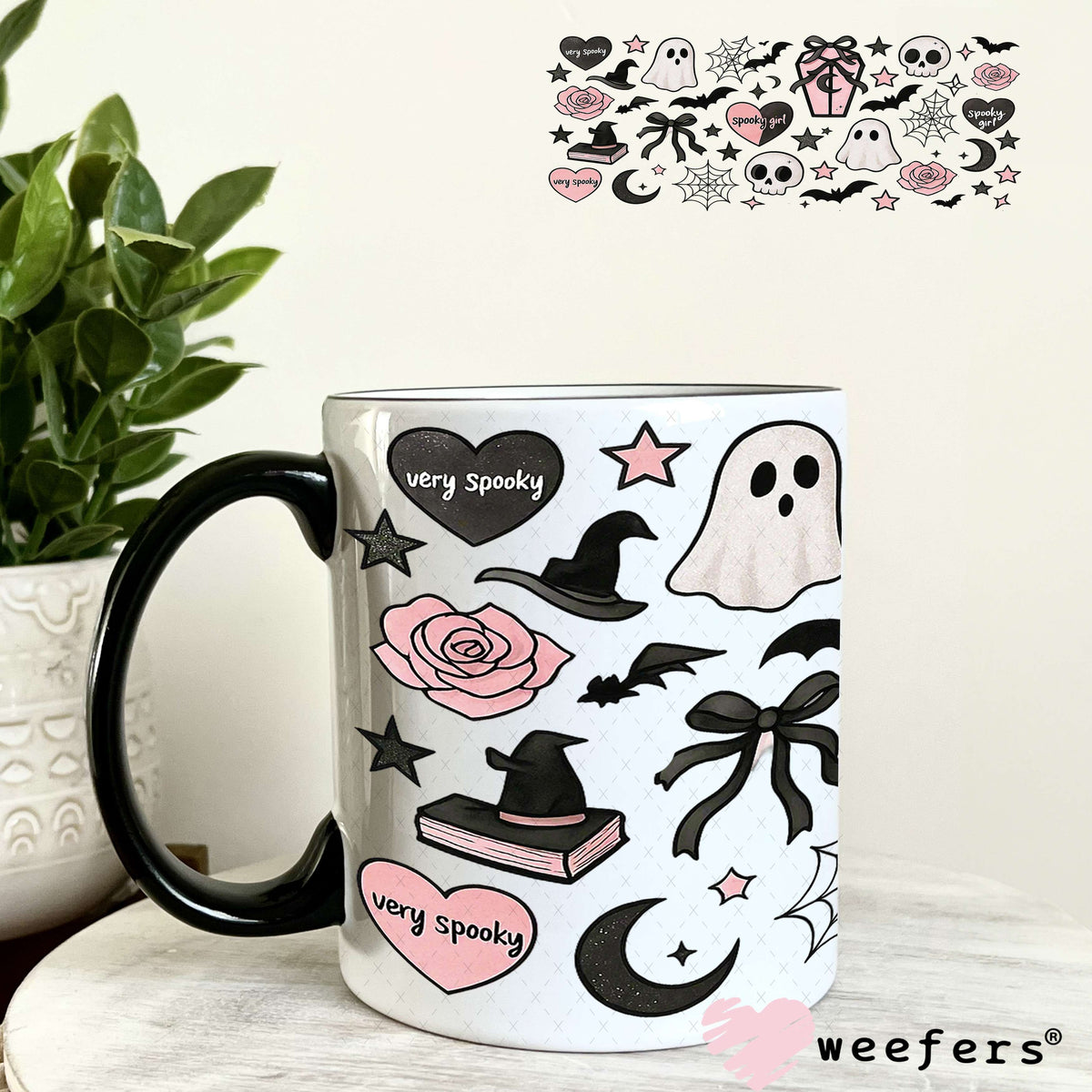 Pink and Black Ghost and UV DTF Cup Wrap 11oz Coffee Mug Weefers