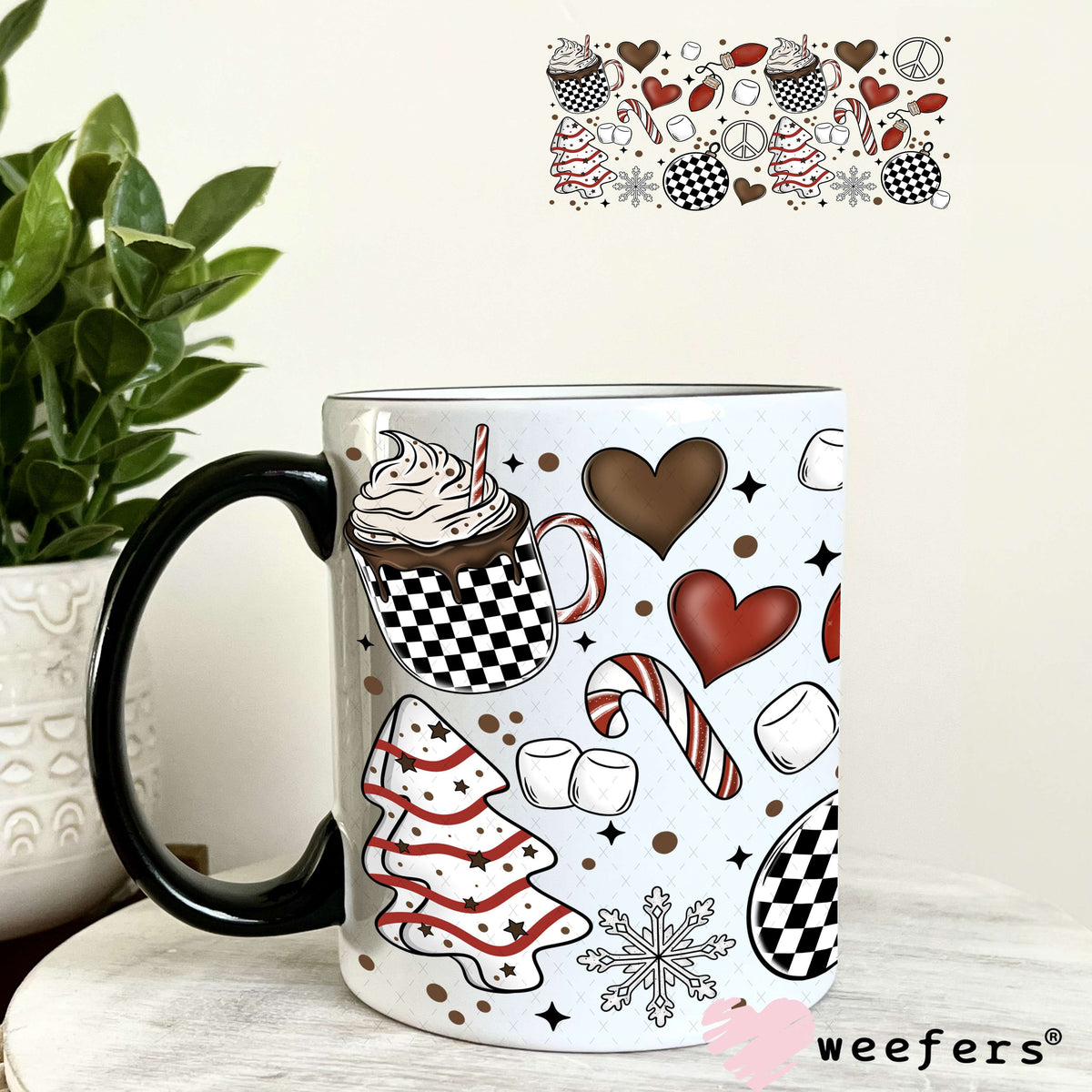 Christmas Black and White Checkers UV DTF Cup Wrap 11oz Coffee Mug Weefers