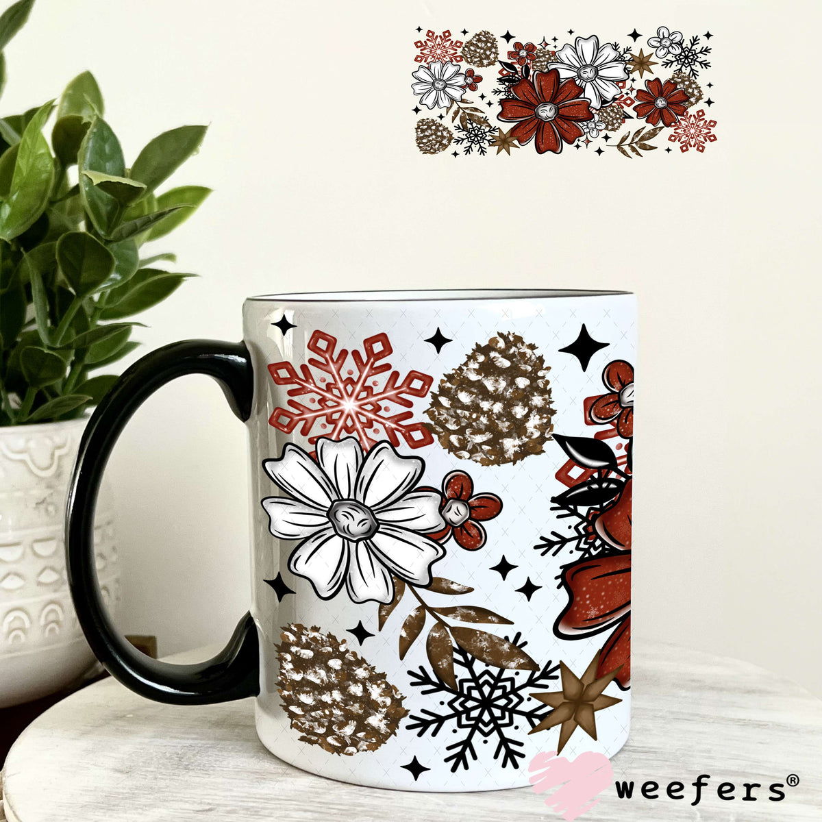 Red and White Christmas Flowers UV DTF Cup Wrap 11oz Coffee Mug Weefers