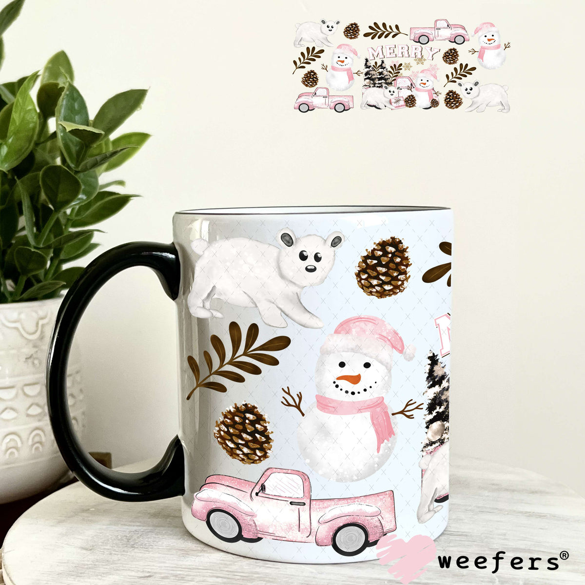 Pink Merry Snowmen and White Bears UV DTF Cup Wrap 11oz Coffee Mug Weefers