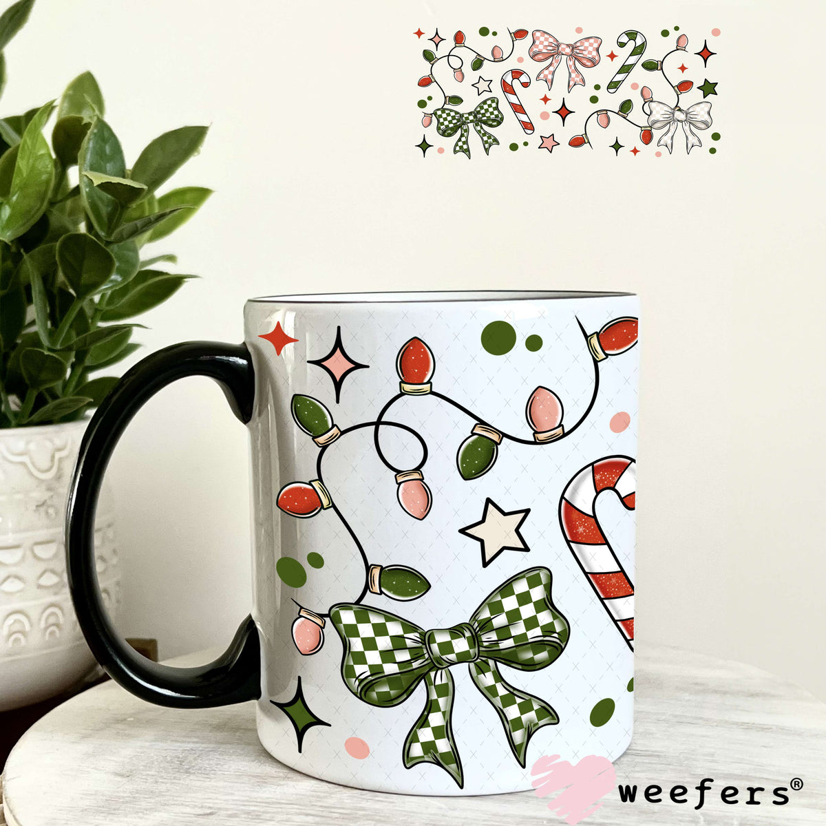 Christmas Lights and Checkered Bows UV DTF Cup Wrap 11oz Coffee Mug Weefers