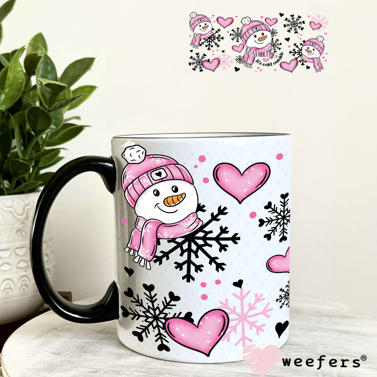Pink Snowman Baby It's Cold Outside Christmas UV DTF Cup Wrap 11oz Coffee Mug Weefers